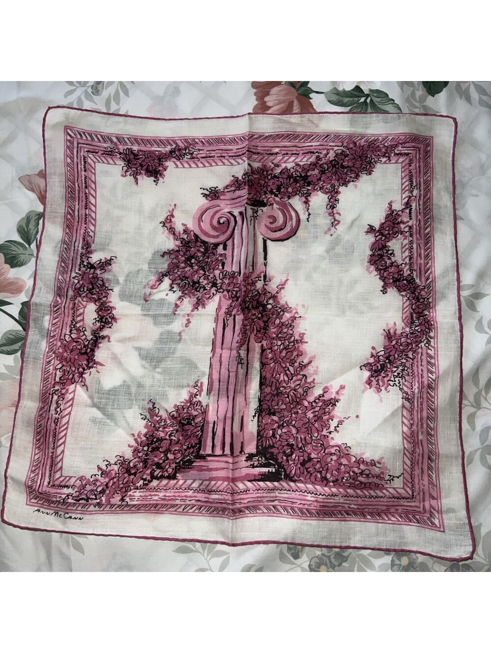Vintage Ann McCann Handkerchief Hankie Designer Linen Pink
